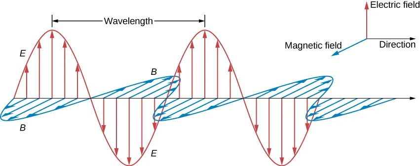 An electromagnetic wave showing perpendicular electric and magnetic fields.
